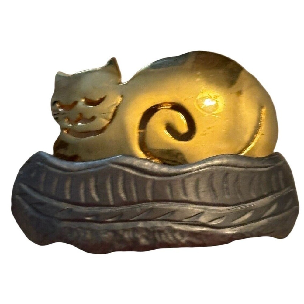 Pewter & Goldtone Cat Sleeping in Bed Brooch Pin Vintage Unsigned Jewelry